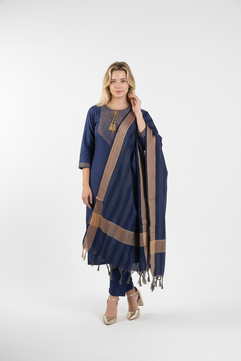 Women Cotton Blend Kurti Pant Dapatta Set